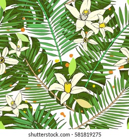  Nahtloses Muster ohne Blumen. Kollektion mit tropischen Blättern und Blumen im Skizzenstil. Vektorillustration.