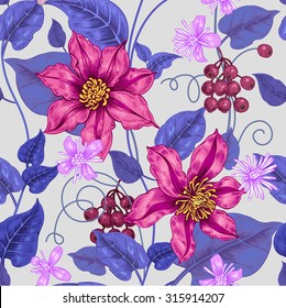 Floral seamless pattern. Color background for fabrics, textiles, wallpaper, paper. Vector. Clematis flowers and ornamental berries. Design Victorian style. 