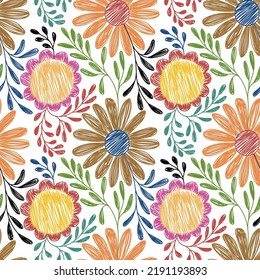 Floral seamless pattern. Color vector flowers illustration set. Pen or marker doodle drawing sketch