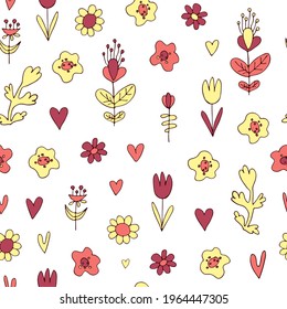 patrón sin costuras florales. Doodles de colores. Ilustración del material extraído a mano por vectores. Fondo blanco. Estilizados tulipanes de dibujos animados. Imprimir. Patrón para tela o envolver papel Fondo. flores abstractas