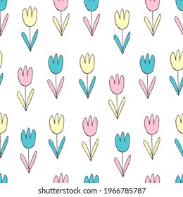 florales nahtloses Muster. Farbige Doodles. Handgezeichnete Vektorgrafik. Weißer Hintergrund. Stilisierte süße Cartoon-Tulpen. Drucken. Muster für Stoff oder Papier. Hintergrund