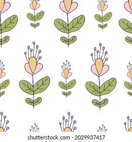 patrón sin costuras florales. Doodles de colores. Ilustración del material extraído a mano por vectores. Fondo blanco. Hermosas flores de dibujos animados estilizados. Imprimir. Patrón para tela o papel de envoltura. Antecedentes

