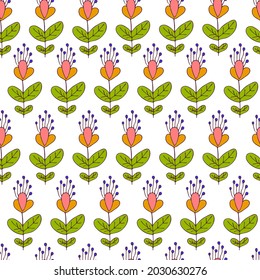 floral seamless pattern. Colored doodles. Vector hand drawn stock illustration. White background. Stylized cute cartoon flowers. Print. Pattern for fabric or wrapping paper. Background
