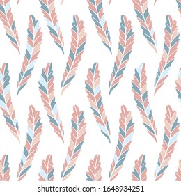 Floral seamless pattern with colored leaves. Hand drawn illustration in simple scandinavian style. Minimalism in a limited pastel color. ideal for printing on fabric, textiles, packaging, wallpaper.