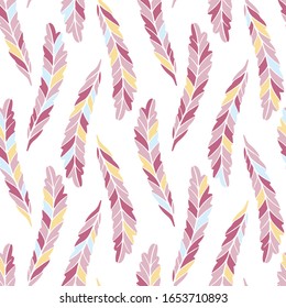 Floral seamless pattern with colored leaves. Hand drawn illustration in simple scandinavian style. Minimalism in a limited pastel color. ideal for printing on fabric, textiles, packaging, wallpaper.