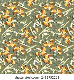 Floral seamless pattern, colored mosaic flowers in yellow and orange tones, khaki background. Fashionable and glamorous decoration of any of your bold advertising projects.