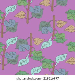 Floral seamless pattern of colored pale  twigs with leaves  and pink buds on a pale pink background. Handmade.