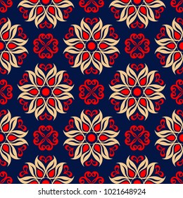 Floral seamless pattern. Colored red and blue background for wallpapers, textile and fabrics