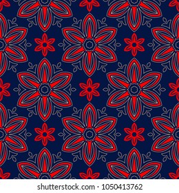 Floral seamless pattern. Colored red and blue background for wallpapers, textile and fabrics