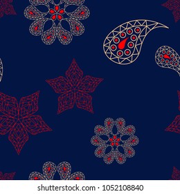 Floral seamless pattern. Colored red and blue background for wallpapers, textile and fabrics