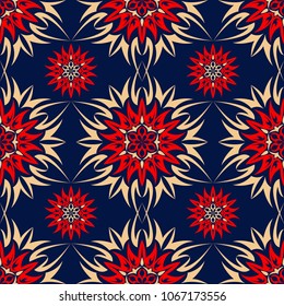 Floral seamless pattern. Colored red and blue background for wallpapers, textile and fabrics