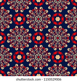 Floral seamless pattern. Colored red and blue background for wallpapers, textile and fabrics