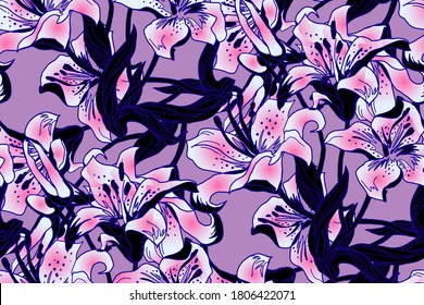 Floral Seamless Pattern With  Colored Silhouettes of Lily Flowers, Buds and Leaves drawn by hand on black background. Perfect for home textile, wrapping paper, wallpaper, fabric, package.