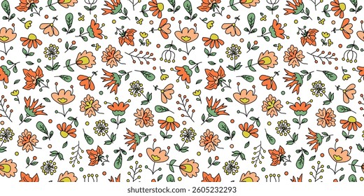 Floral seamless pattern. Colorful abstract flowers, drawing, doodle. Bright plant botanical vector background for printing packaging, wallpaper, textile.