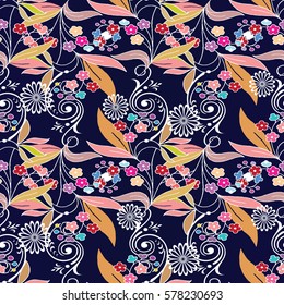 Floral seamless pattern. Colorful background wallpaper illustration with vintage summer flowers leaves and ornaments. Vector texture for fabric, textile.