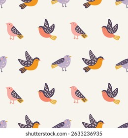 Floral seamless pattern with colorful birds on white background. Perfect for wallpaper, gift paper, spring and summer greeting cards. Vector hand drawn illustration