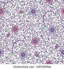 Floral seamless pattern, colorful blooming plant elegant background. Cute multicolored flower, green leaves and curls lace on white backdrop. For fabric design, wallpaper, print. Vector illustration