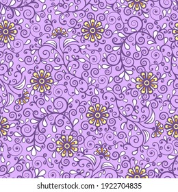 Floral seamless pattern, colorful blooming plant elegant background. Cute yellow flower, white leaves and curls lace on purple backdrop. For fabric design, wallpaper, print. Vector illustration