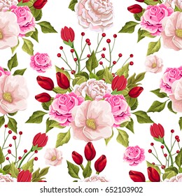 Floral seamless pattern with colorful bouquets of flowers.  Vector hand drawn background.