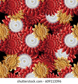 Floral seamless pattern. Colorful bright  flourish background wallpaper illustration with vintage 3d gold red and white flowers  and flowery ornaments. Vector luxury surface  texture for fabric.