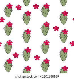 Floral seamless pattern with colorful cactus plants and flowers. Cartoon style doodles. vector illustration for fabric, textile, wallpaper, fabric, textile. Hand drow design.