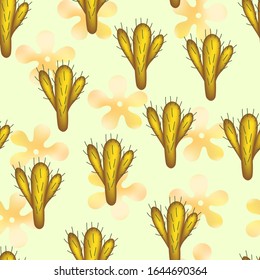 Floral seamless pattern with colorful cactus plants and flowers on light background. Cartoon style doodles. Vector illustration for fabric, textile, wallpaper, fabric, textile. Hand drow design.