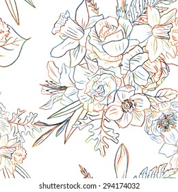 floral seamless pattern with colorful doodle flower drawing by colored pencils, roses, narcissus, lily flowers, buds and leaves,  hand drawn vector illustration