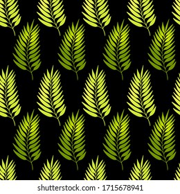 Floral seamless pattern with colorful exotic leaves on black background. Tropic green branches. Fashion vector stock illustration for wallpaper, posters, card, fabric, textile.
