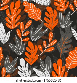 Floral seamless pattern with colorful exotic leaves on dark background. Tropic green branches. Fashion vector stock illustration for wallpaper, posters, card, fabric, textile.