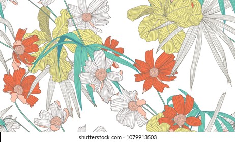 Floral seamless pattern, colorful fiddle leaf fig, palm leaves and cosmos flowers on white background, line art ink drawing