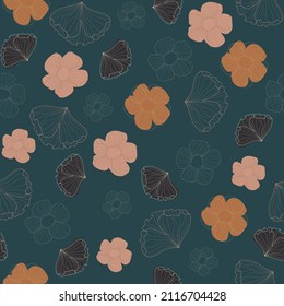 floral seamless pattern with colorful flowers and leaves on deep blue background