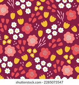 Floral seamless pattern with colorful flowers, dots, daisy, chamomile on bordo background. Perfect for wallpaper, gift paper, spring and summer greeting cards. Vector illustration