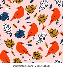 Floral seamless pattern with colorful flowers, leaves, birds. Vector background, design