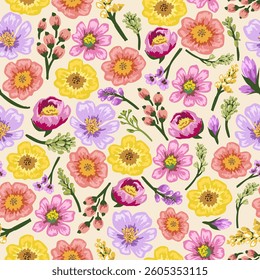 Floral seamless pattern of colorful flowers and leaves, background, wallpaper with hand drawn for banners, cards, flyers, social media wallpapers, etc. vector illustration