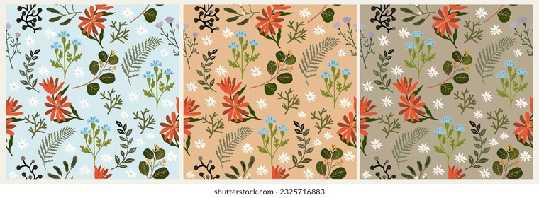 Floral seamless pattern with colorful forest herbs, herbaceous plants, blooming wild flowers on different color backgrounds. Botanical vector illustration for textile print, wallpaper, wrapping paper.