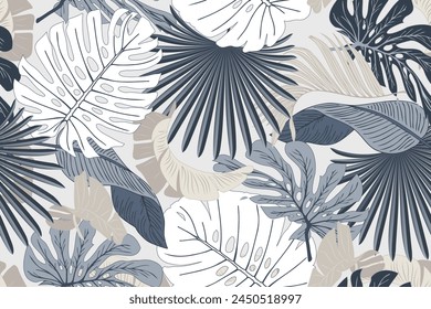 Floral seamless pattern, colorful leaves, monstera on a light gray background, vector illustration