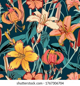 Floral seamless pattern, colorful lily flowers with leaves on dark green