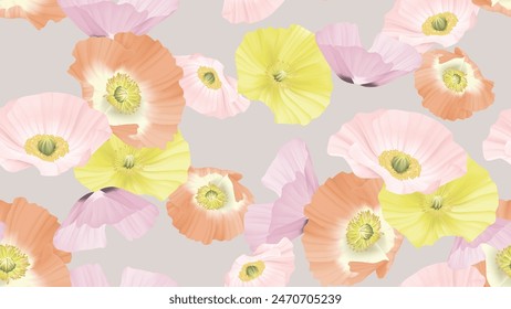 Floral seamless pattern, colorful poppy flowers on light brown background