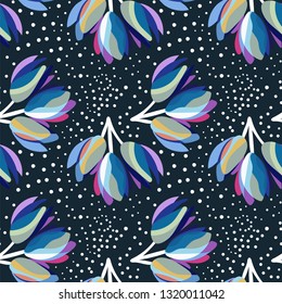 Floral seamless pattern. Colorful (rainbow) flowers on a dark background. Tulips and dots. Template for fashion prints, creative design, fabrics,cards, interior... Vector hand drawn illustration