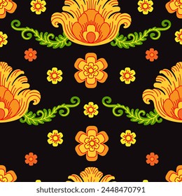 Floral seamless pattern. Colorful red and yellow flowers on a black background for print, fabric, textile, wrapping. Decorative traditional Russian motif. Zhostovo and Khokhloma painting folk style