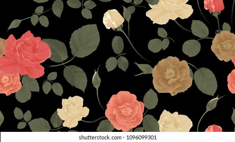 Floral seamless pattern, colorful rose flowers and leaves on black background, pastel vintage theme