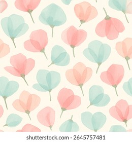 
Padrão floral sem costura com botões coloridos de flores espalhadas, delicada ilustração aquarela com flores abstratas para têxtil, papel de parede ou fundo. Mão desenhada.