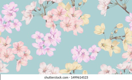 Floral seamless pattern, colorful Somei Yoshino sakura flowers on blue