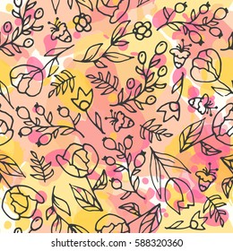 Floral seamless pattern. Colorful splashes under flower. Herbal tea and wild flowers. Hand drawn illustartion