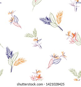 Floral seamless pattern with colorful strelitzia and palm leaf. Tropical wallpaper collection. Sketch in watercolor style. Hand drawn line on white background.
