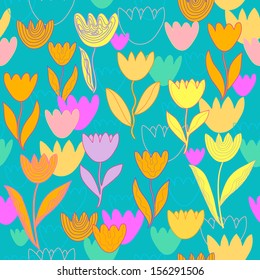Floral seamless pattern with colorful tulips. Vector background with flowers.