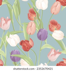 Floral seamless pattern, colorful tulips and leaves on blue