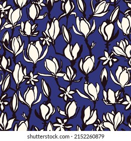 Floral seamless pattern. Colorful vintage vector background with hand drawn magnolia flower. Nostalgic retro fashion print for fabric, paper, goods, home textile