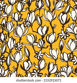 Floral seamless pattern  Colorful vintage vector background and hand drawn magnolia flower  Nostalgic retro fashion print for fabric  paper  goods  home textile