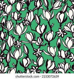 Floral seamless pattern. Colorful vintage vector background with hand drawn magnolia flower. Nostalgic retro fashion print for fabric, paper, goods, home textile
